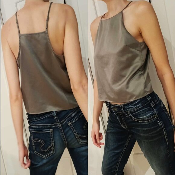 Dynamite Satin Halter Style High Neck Top | Green | Grey | Size S - Picture 1 of 3